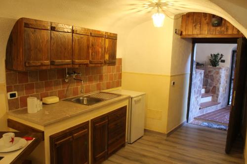 a kitchen with wooden cabinets and a sink at La Giada in Tivoli