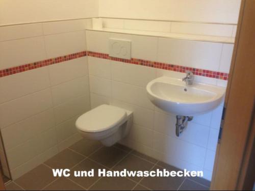 a bathroom with a toilet and a sink at Ferienwohnung "Bäderdreieck" in Haarbach