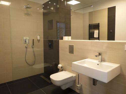 ポゴジェリツァにあるApartamenty Baltic Innのバスルーム(洗面台、トイレ、シャワー付)