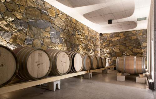a row of wine barrels in a room with a stone wall at Fana Estate in Dobrovo
