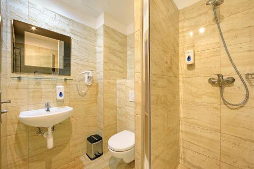 a bathroom with a shower and a toilet and a sink at Residence BENE in Prague