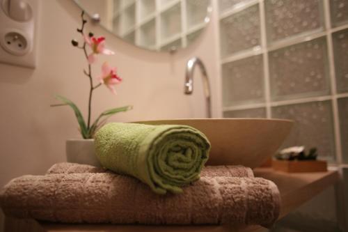 ein grünes Handtuch auf einem Waschbecken in der Unterkunft ARC 1800 Appartement 4 pièces Lauzières skis aux pieds in Arc 1800