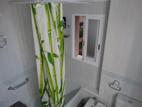 a bathroom with a toilet and a plant in it at Apartment 2 bedrooms, 250m Levante beach in Benidorm