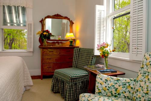 a bedroom with a chair and a dresser and a mirror at Orchard Inn in Saluda