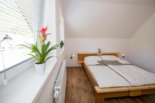 um quarto com uma cama e um vaso de plantas em TriSa apartments Bohinj em Bohinj