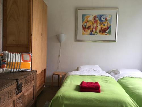 een slaapkamer met 2 bedden en groene lakens bij De Akelei in Lochem