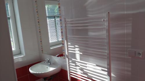 a white bathroom with a sink and a shower at APARTMÁNY NA VÝSLUNÍ in Horní Maxov