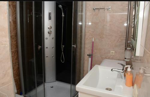 a bathroom with a shower and a sink and a shower at G.M.M Apartaments in Batumi