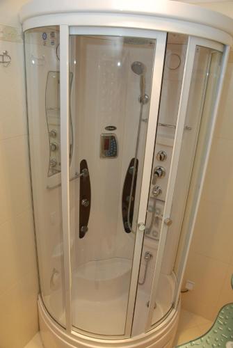 a shower with glass doors in a bathroom at Туристично розважальний комплекс "Стіжок" in Berehomet