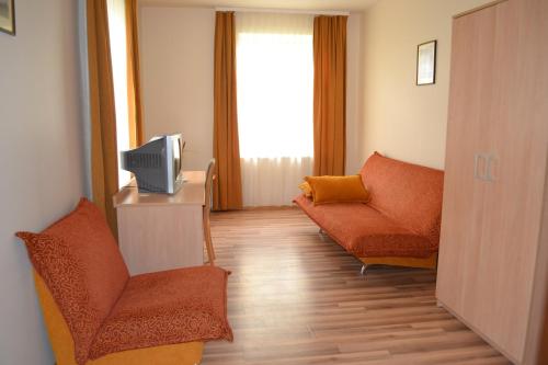 a living room with a couch and a tv at Vila Evelina in Druskininkai
