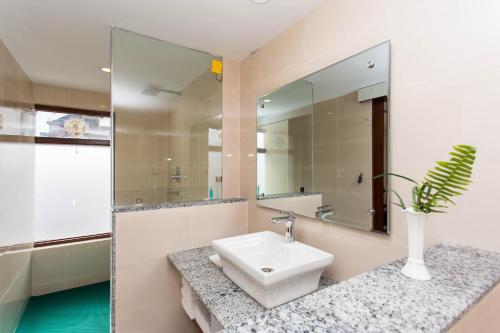a bathroom with a sink and a mirror at Oasis Kathmandu Hotel in Kathmandu