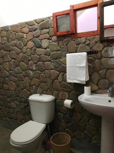 a stone bathroom with a toilet and a sink at Riad Hiba in Foum Zguid