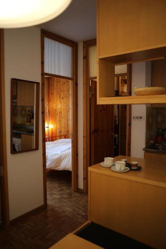ボルミオにあるAppartamento EIRAのキッチン、ベッドルーム(ベッド付)