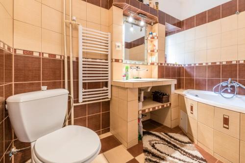 a bathroom with a toilet and a sink and a mirror at Privát u Bartolomeja in Štrba
