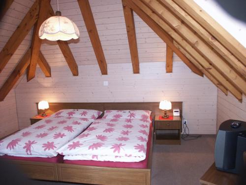ein Schlafzimmer mit einem Bett und zwei Tischen mit Lampen in der Unterkunft Hotel Garni Sonne in Münsterlingen