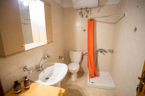 a bathroom with a toilet and an orange shower curtain at Elea Houses in Mithymna