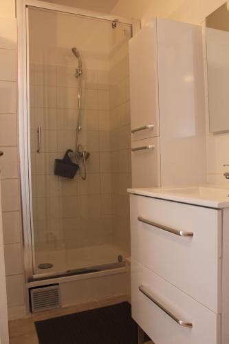 マルセイユにあるLovely place near Vieux Portのバスルーム(シャワー付)、白い冷蔵庫が備わります。