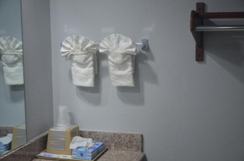 a bathroom mirror with towels hanging on a wall at Travelers Inn in Rosenberg