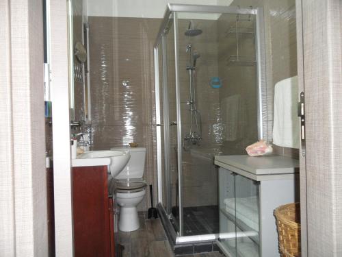 a bathroom with a shower and a toilet and a sink at SUNSHINE APTS, TWO BEDROOM , FREE INTERNET, No 3 in Ayia Napa