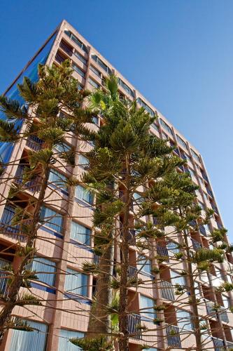 a tall building with a palm tree in front of it at Hotel Villa Marina in Ensenada