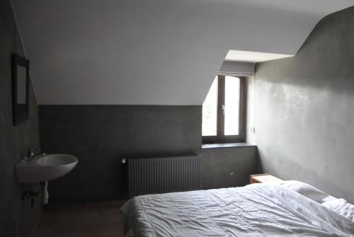 1 dormitorio con cama, lavabo y ventana en Gîte Ferme d'Ortie en Sainte-Ode