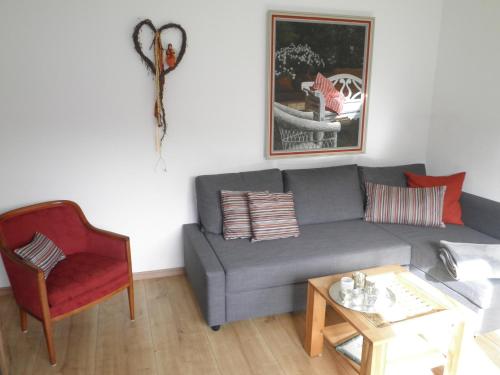 a living room with a gray couch and a red chair at FEWO Jäger in Willingen