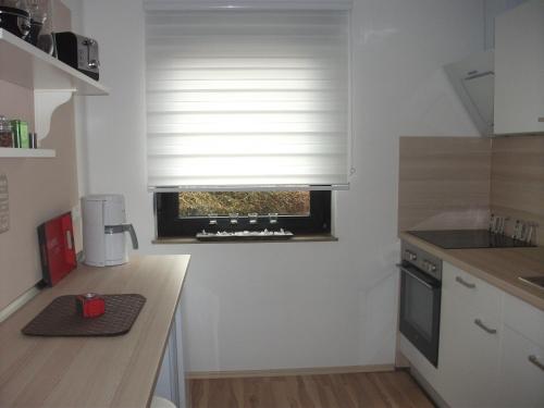 a kitchen with a window with a window blind at Ferienwohnung im Harz in Bad Lauterberg