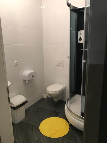 a bathroom with a toilet and a shower with a yellow rug at Hafnarstræti Hostel in Akureyri