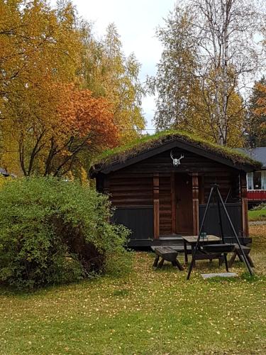a log cabin with a swing and a playground at Weistad in Heidal