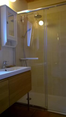 a bathroom with a glass shower and a sink at Entre Paimpol et Bréhat ! in Ploubazlanec