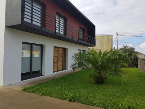 a house with a palm tree in front of it at Deluxe Home Praia do Populo in Cabouco