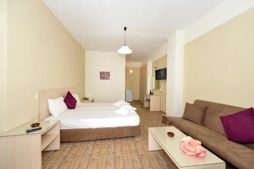 フィラにあるアステロリソスのベッドとソファ付きのホテルルーム