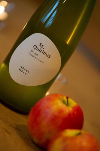 a bottle of wine and two apples on a table at Biobauernhof St. Quirinus in Caldaro