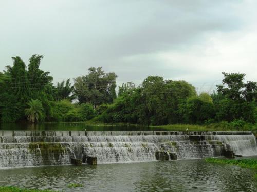 a waterfall in the middle of a pond at Hotel Parvati Palace Sehore in Sehore