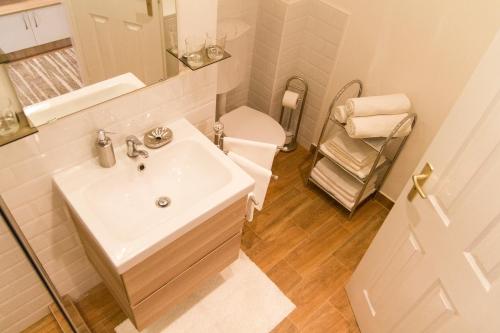 La salle de bains est pourvue d'un lavabo, de toilettes et d'un miroir. dans l'établissement Luxury 2BR Apt by the Synagogue, à Budapest