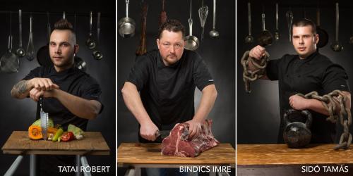 three pictures of a man holding a piece of meat at Villa Rosa in Dunajská Streda
