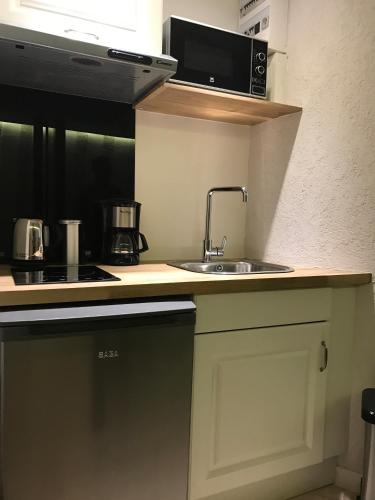 une cuisine avec un évier et un micro-ondes dans l'établissement Le lingotin, à Honfleur