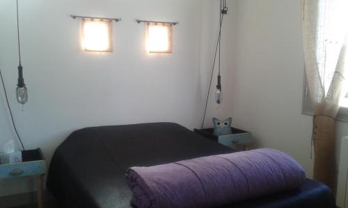 アルヴェールにあるMon p'tit nidのベッドルーム(紫の毛布付きのベッド1台付)