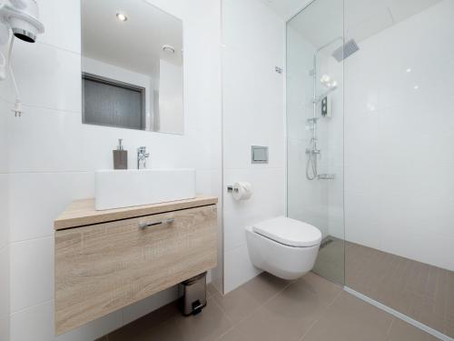 a bathroom with a toilet and a sink and a shower at 8ERA Business Executive Rotermanni Apartments in Tallinn