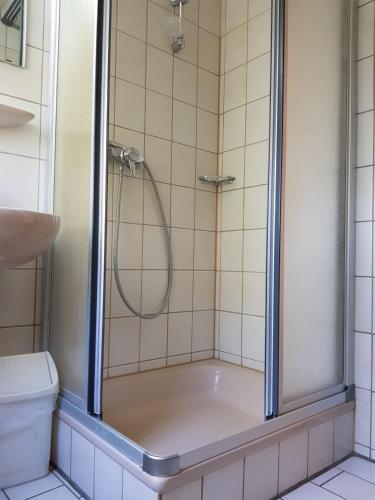 een badkamer met een douche en een toilet bij Hotel Rosenbach in Reutlingen