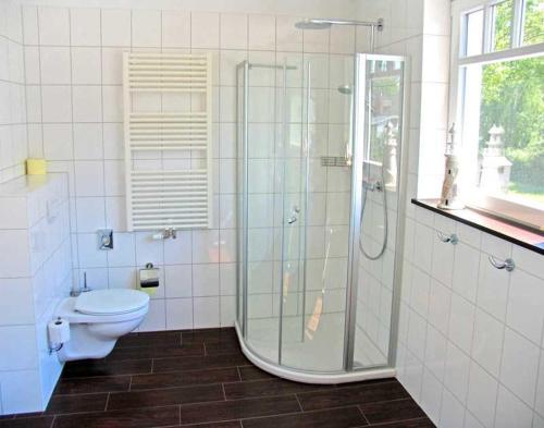 a bathroom with a shower and a toilet at Ferienhaus Sundevit Nr 1 Prerow in Prerow