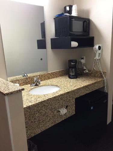 a bathroom counter with a sink and a microwave at Travelodge by Wyndham North Platte in North Platte