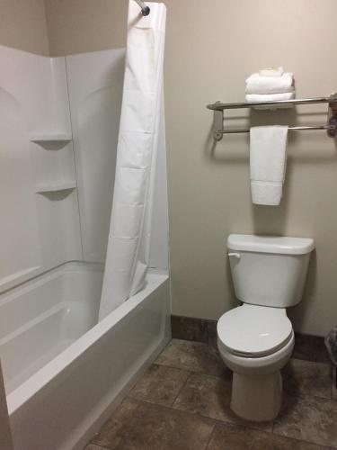 a bathroom with a toilet and a tub and a sink at Travelodge by Wyndham North Platte in North Platte