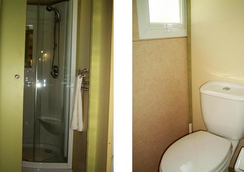 two pictures of a bathroom with a toilet and a shower at Parque De Campismo Orbitur Gala in Figueira da Foz
