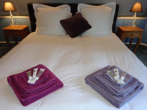 a bed with two purple towels on top of it at La Maison Ribotteau in LʼIsle-Jourdain