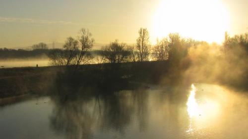 a misty lake with the sun in the background at Hotel Le Caballin in Vogelgrun