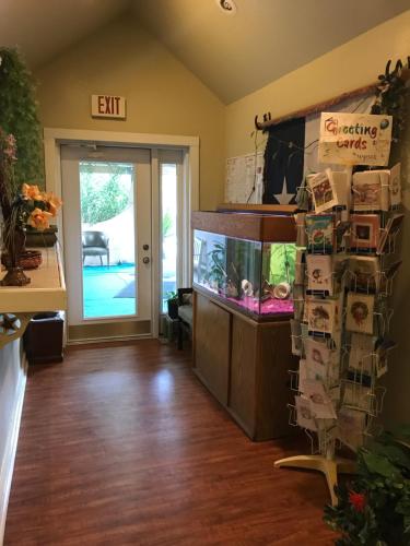 een woonkamer met een aquarium en een deur bij Outpost Motel in Dripping Springs