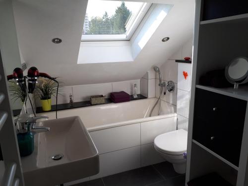 a bathroom with a sink and a toilet and a skylight at Bella Casa & Belle Maison in Saarbrücken