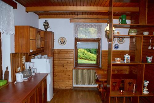 a kitchen with a white refrigerator and a window at Apartament w Kozubniku z widokiem na góry in Porąbka