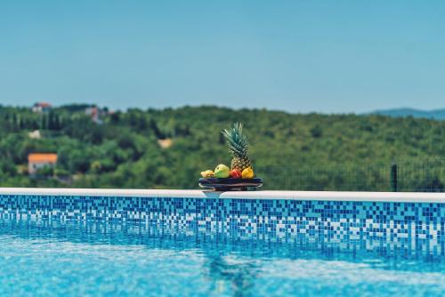 a bowl of fruit sitting next to a swimming pool at Villa Matko - family destination in Zmijavci